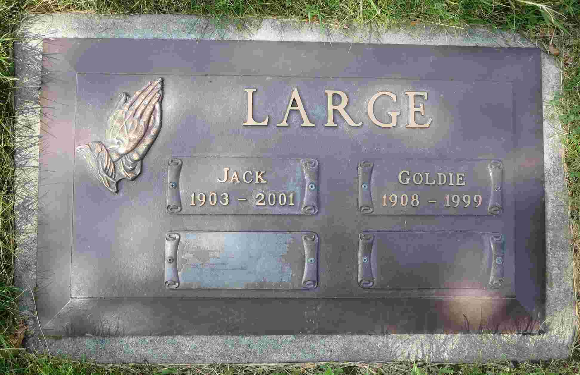 Gravestone of John Edward Large and Goldie Fern (Miller) Large
