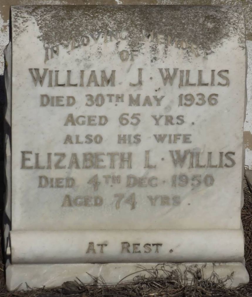 Headstone of William James Willis and Elizabeth Louisa (Lawson) Willis
