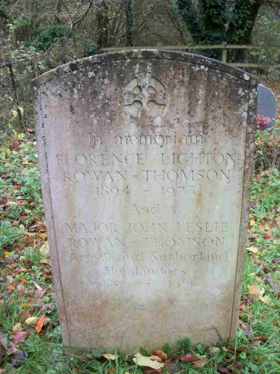 Headstone of John Leslie Rowan-Thomson and Florence Lighton Stubbs