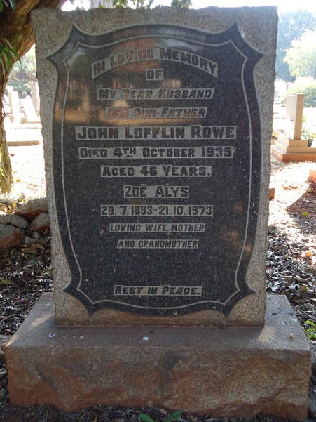 Headstone of John Lofflin Rowe and Zoe Alys (Maunsell) Rowe