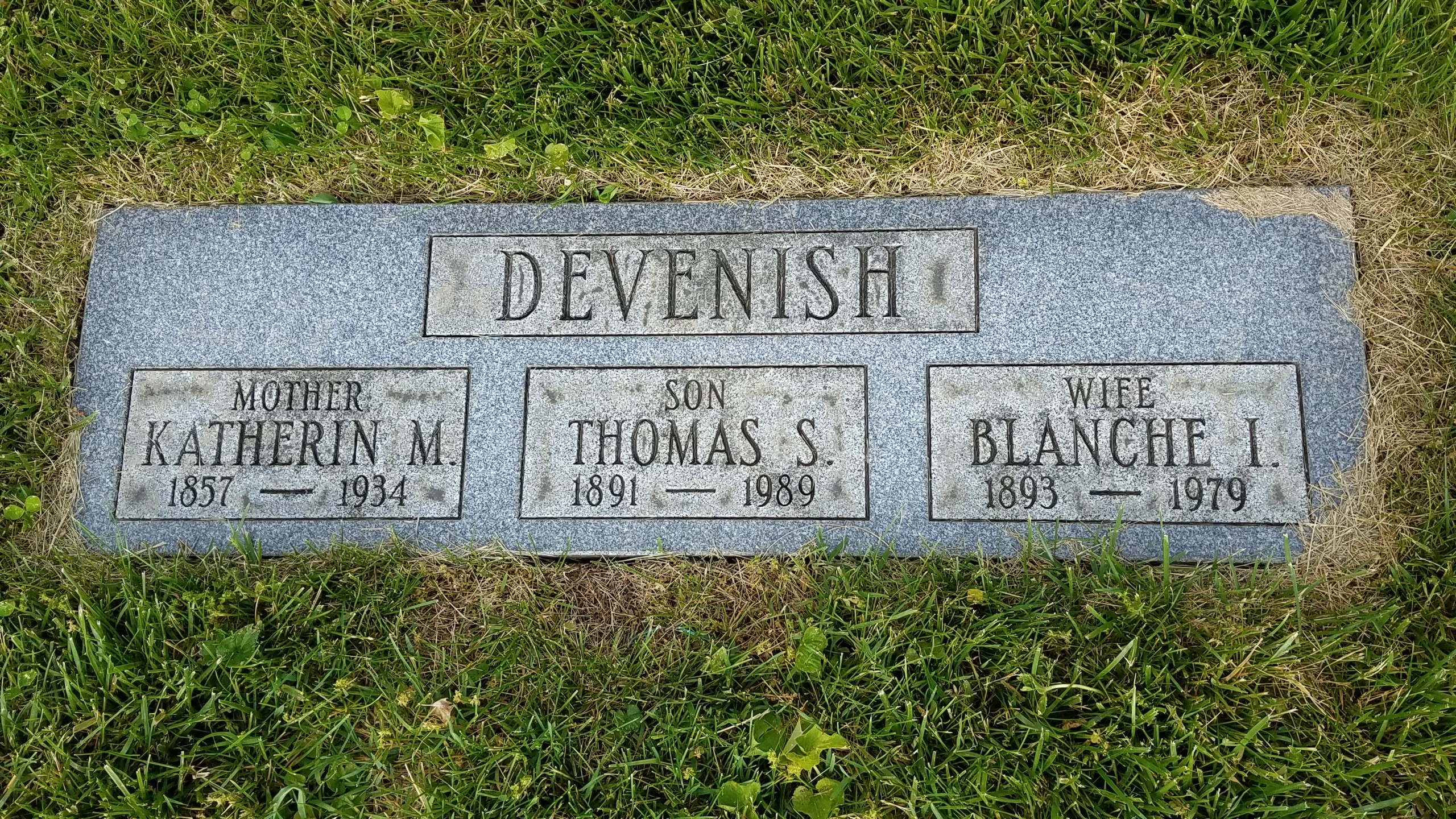 Gravestone of Katherine Maria (Russell) Devenish, Thomas Samuel Devenish and Blanche Isabelle (Root) Devenish